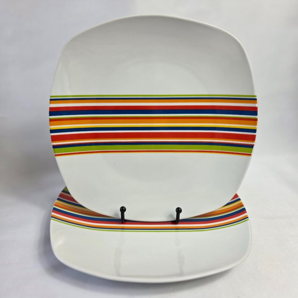 TWO Tabletops Unlimited Gallery Westwood Dinner Plates White Multicolor Stripes